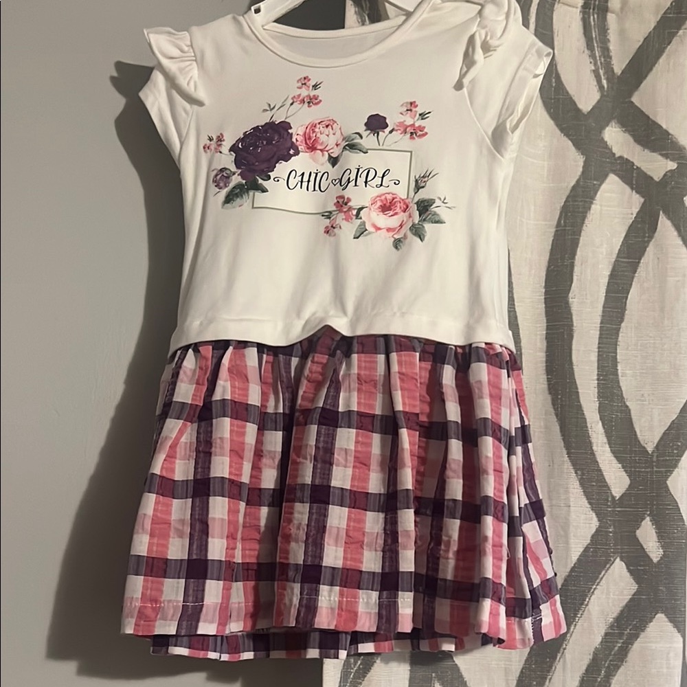 Floral Graphic Dress with Plaid Skirt